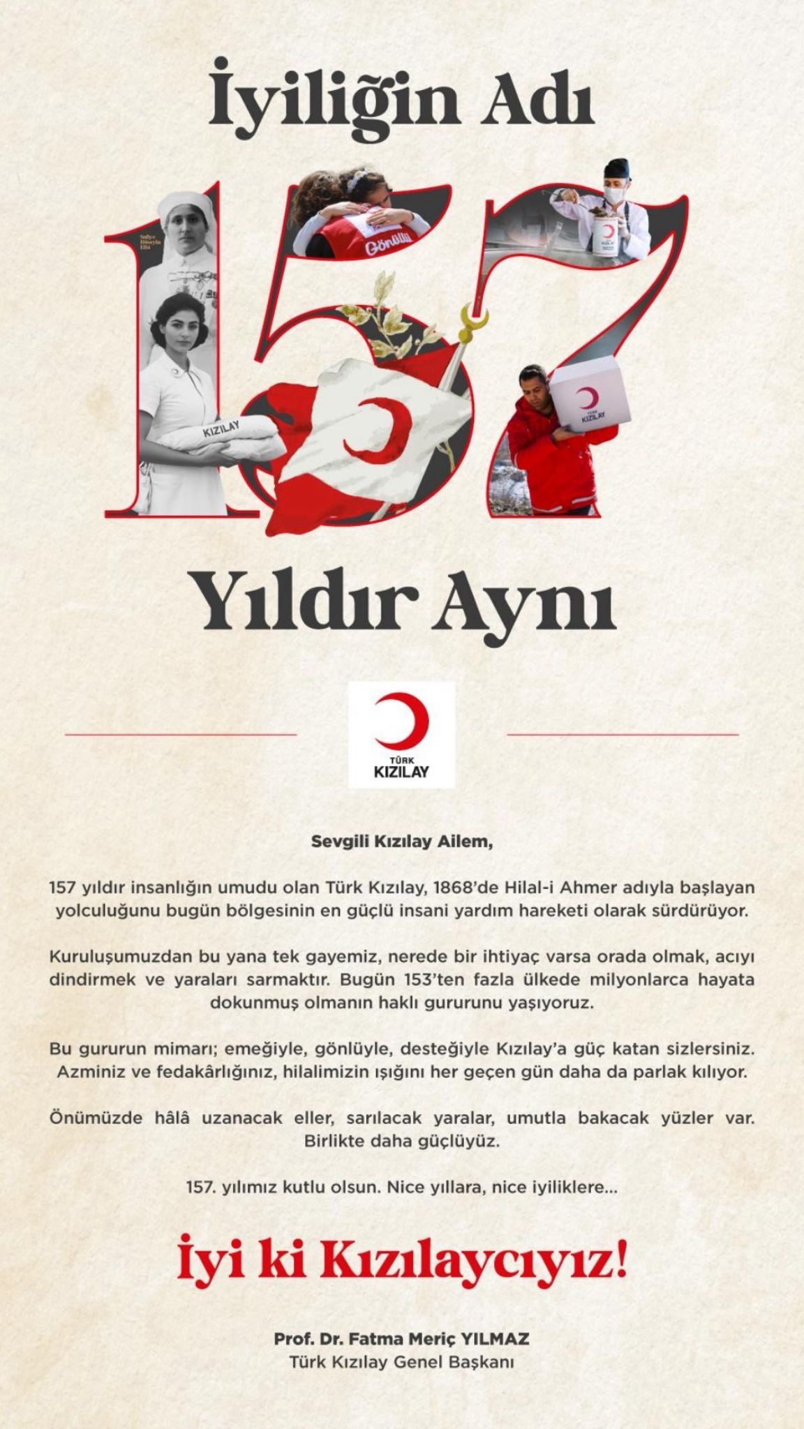 Türk Kızılay’ın 157’nci Kuruluş Yıl Dönümünü Vesilesiyle Bir Kutlama Mesajı